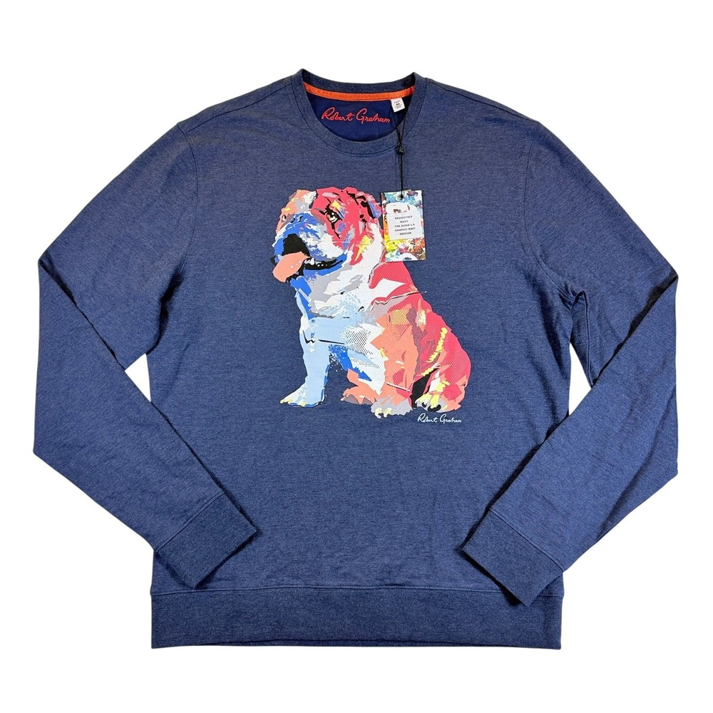 Robert Graham The Ausie Graphic Knit Mens M Navy Blue Bulldog Sweater $198